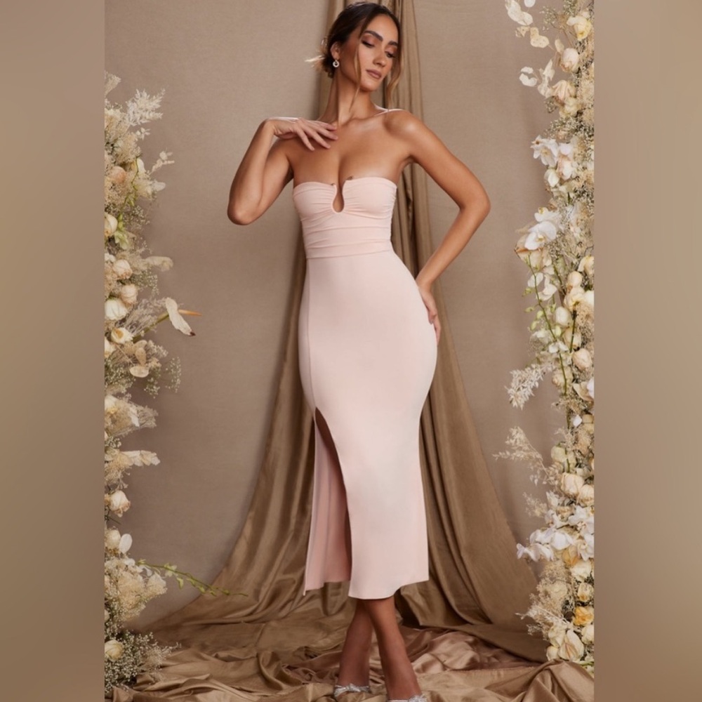 Oh Polly Strapless Thigh High Split Maxi Dress In Blush